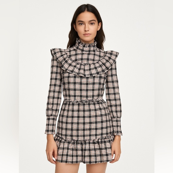 GANNI Channa Ruffled Plaid High-Neck Mini Dress | Size 6-8 - Picture 1 of 10